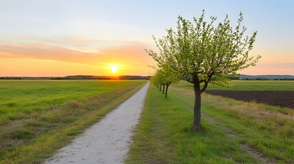 Sunset path through spring fields and trees