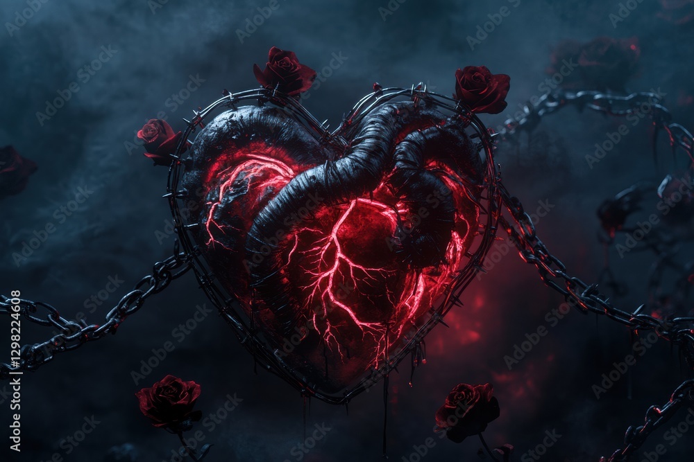 Aufkleber Dark heart entwined with chains and roses conveys a powerful symbol of love and pain in a mystical setting. Generative AI