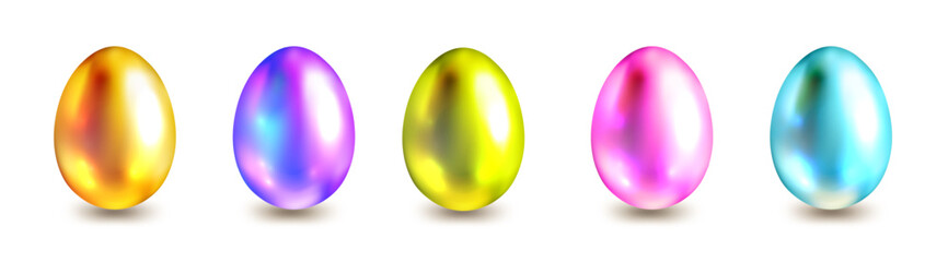 Five metallic eggs in vibrant hues including gold, purple, yellow, pink, and blue set against a clean white background. Perfect for celebrating joyful occasions.