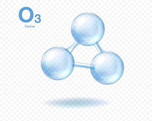 Detailed illustration of an ozone molecule consisting of three connected atoms in a triangular shape with a transparent background emphasizing molecular structure.