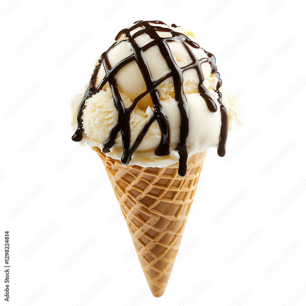 Poster a delicious ice cream cone topped with a swirl of creamy vanilla ice cream and drizzled with rich ch