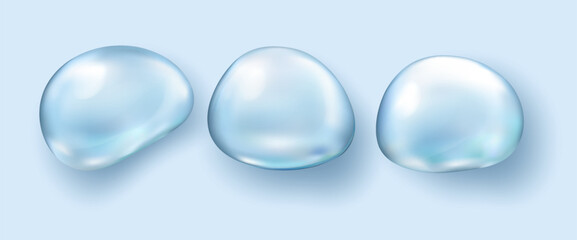 Illustration shows three glossy water droplets aligned on a light blue background. The droplets have a reflective surface, creating a smooth and realistic appearance.