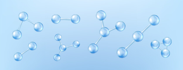 Various translucent blue molecules on a light blue background showcasing different chemical structures. This illustration highlights the simplicity and complexity of molecular formations.