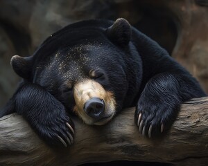 Sleepy bear resting on log