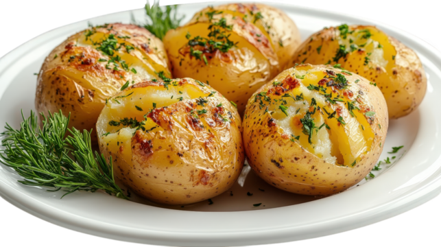 plate of six baked potatoes. each with a golden-brown skin. garnished with chopped herbs. and partially opened to reveal a fluffy interior the dish is presented on a white plate. emphasizing its appet