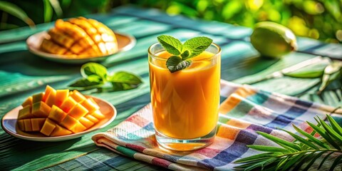 Fototapeta premium Refreshing Mango Smoothie with Mint Garnish on a Sunny Day