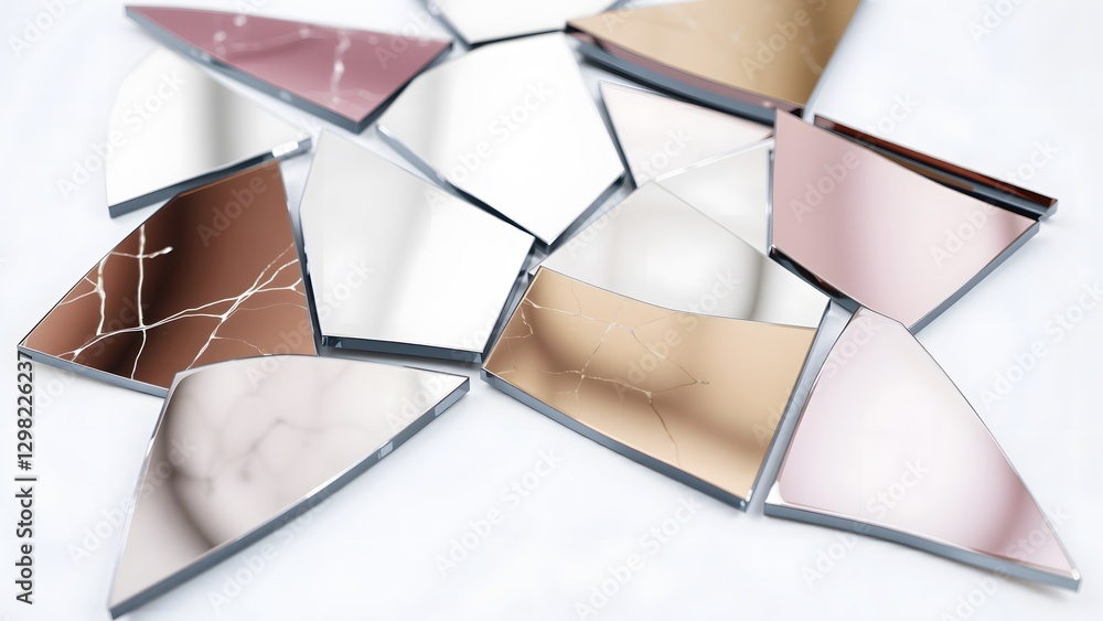 Aufkleber an artistic arrangement of broken mirror shards in various colors and textures, creating a modern an