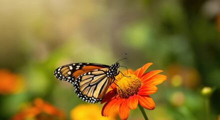 Obraz premium Monarch butterfly feeds on bright orange flower in garden