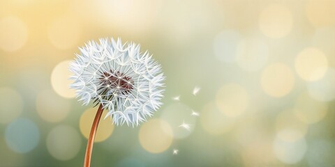 Fluffy dandelion seed head blowing in the gentle breeze, soft bokeh background, copy space
