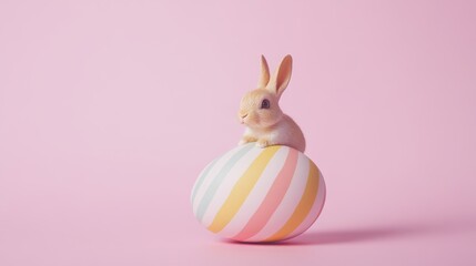 Fototapeta premium Adorable bunny sitting on pastel striped easter egg against pink background