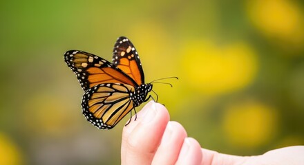 Fototapeta premium Close-up of monarch butterfly resting on person's hand with blurred yellow-green background