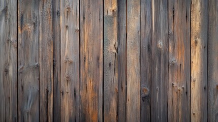 Naklejka premium A rustic wooden fence, crafted from weathered planks, showcases a rich brown stain that enhances its natural grain. The fence stands tall, surrounded by lush greenery, adding charm to the landscape.