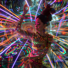 traditional Thai dancer gracefully moves in mid pose, costume shimmering, expressing joy and cultural heritage amidst vibrant light