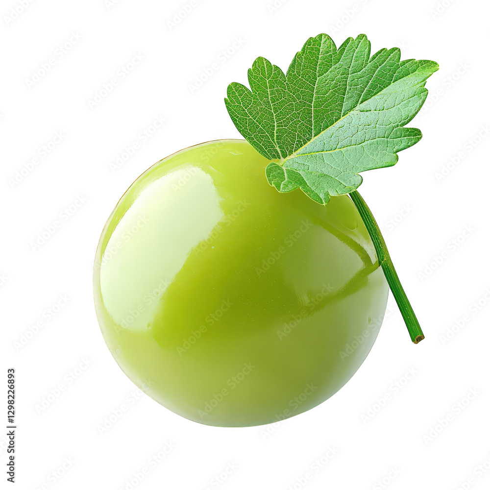 Poster single shiny green grape with a small green leaf attached to its stem. set against a white background this composition highlights the grape's smooth surface and vibrant color. making it visually appea