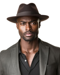 Serious businessman wearing hat and suit with transparent background frowning