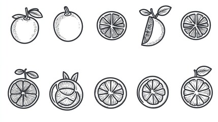 Sketch of different citrus fruits, half, sliced segments, and whole with leaves