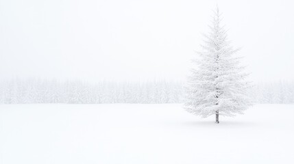 Fototapeta premium Single snow-covered pine tree stands in a vast white winter field under an overcast sky.