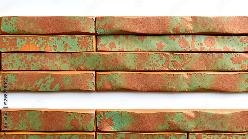 Poster a close-up view of textured tiles in green and orange hues, showcasing a unique design ideal for mod