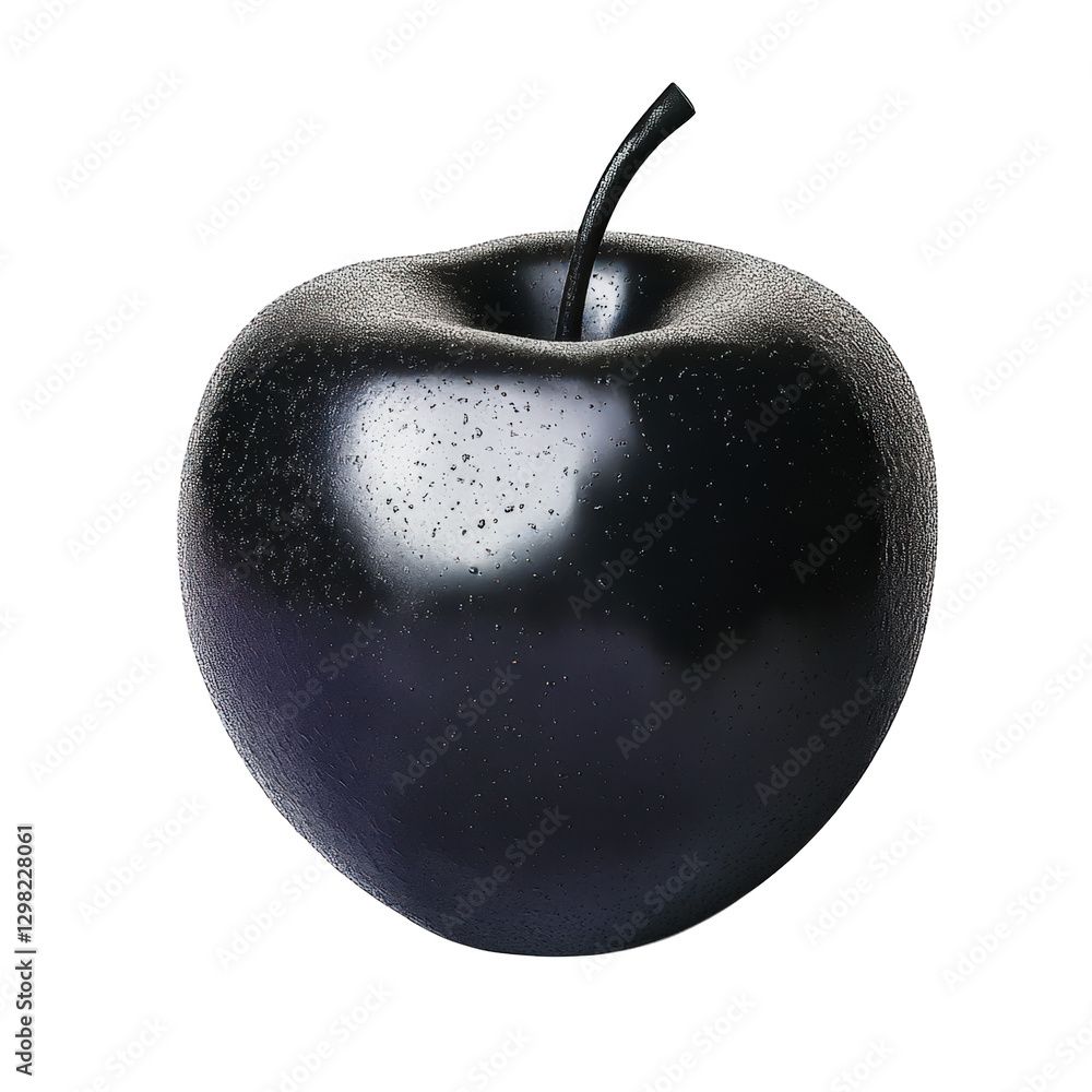 Poster a realistic rendering of a glossy black apple. emphasizing its smooth surface and subtle texture the