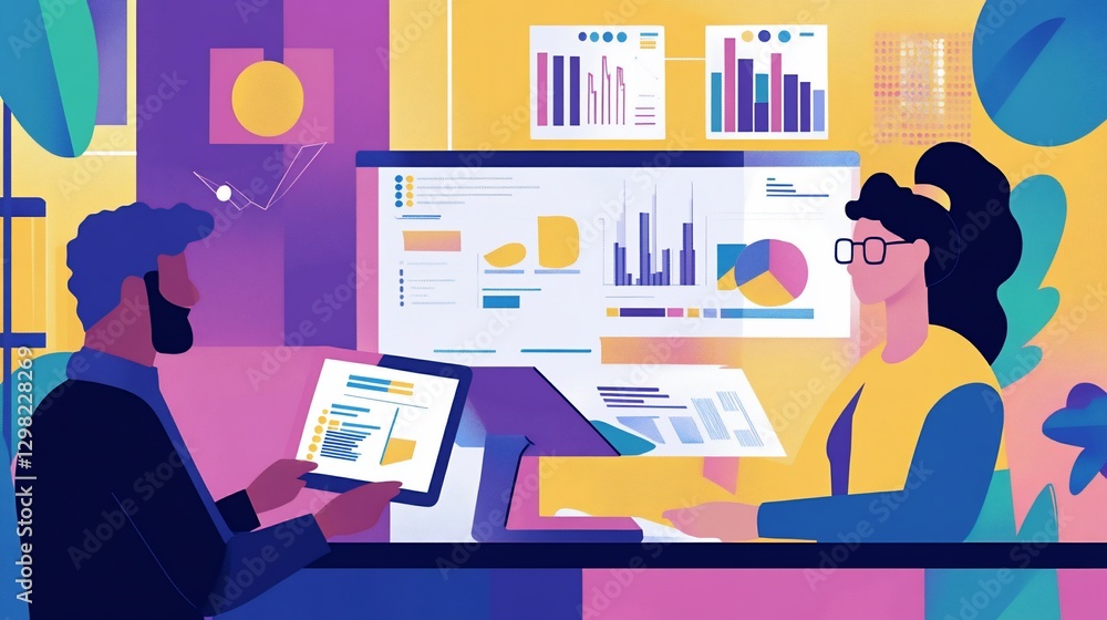 Poster data analysis in office, two people working with charts and data visualization using laptops and tab