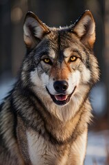Fototapeta premium Fierce Wolf Walking Through a Snowy Forest with an Intense Gaze