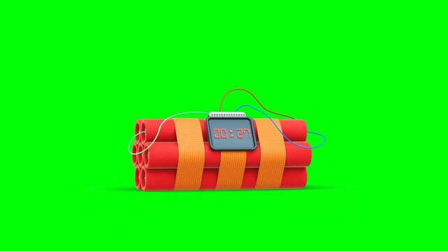 3D Animated Dynamite Bomb With Cylindrical Sticks Connected to Detonation Device With Timer Countdown Indicator Display on Green Background