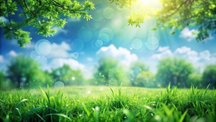 Fototapeta premium Serene Spring Meadow Landscape Lush Green Grass, Vibrant Foliage, and a Sunny Sky with Gentle Bokeh Effects