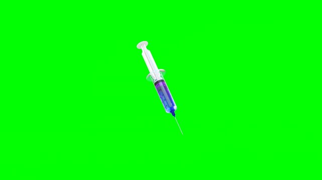 3D Animated Scene of Medical Equipment Syringe Drawing Blue Liquid and Floating on Green Background.