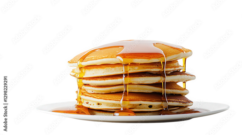 Poster a stack of fluffy pancakes drizzled with syrup sits on a white plate. highlighting a delicious break