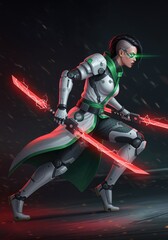 Naklejka premium the female cyborg in white-green armor wields glowing red swords against a cyberpunk backdrop.