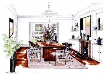 Hand drawn colour concept sketch for an interior.