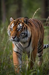 Fototapeta premium Majestic Tiger Striding Through the Tall Grass of the Jungle