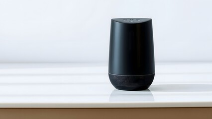 A sleek black smart speaker elegantly placed on a tabletop, representing modern technology and innovative design for a connected home experience.   