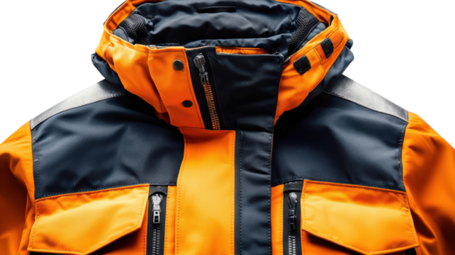 Stylish waterproof jacket in vibrant orange and navy for outdoor adventures and winter sports