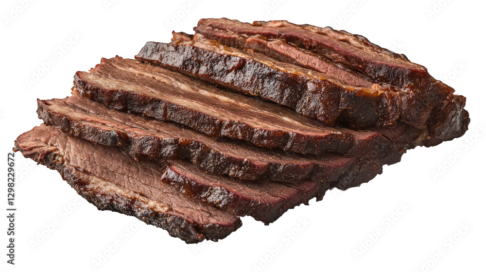 Poster neatly sliced portion of brisket. showcasing its rich. dark outer crust and tender. juicy interior t