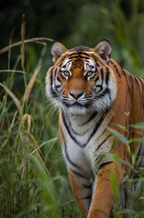 Obraz premium Majestic Tiger Striding Through the Tall Grass of the Jungle
