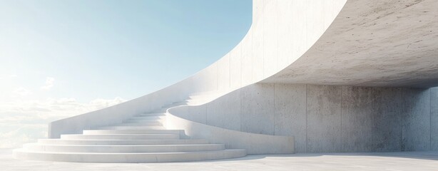modern concrete building interior with a large open space and a white curved wall, against a light blue sky background. Minimalist architecture concept