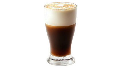 glass of coffee with a rich layer of frothy milk on top. creating an appealing visual contrast between the dark coffee and the creamy foam the drink is served in a stylish glass. emphasizing its aesth