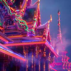 Thai temple roofline intricate carvings are illuminated with vibrant neon lights, showcasing rich architectural detail and creating captivating and spiritual ambiance