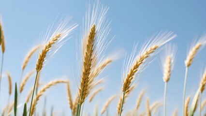 Fototapeta premium Golden wheat swaying in the gentle breeze under a clear blue sky, showcasing nature's beauty and the essence of agricultural abundance. 