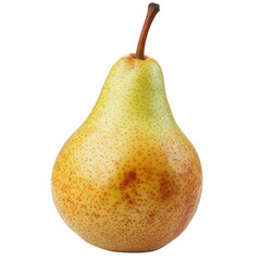 ripe pear. showcasing its smooth skin with a gradient of green and yellow hues. adorned with small speckles the pear's shape is distinctly rounded at the bottom and tapering towards the top where a sh