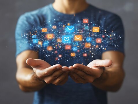 Man holding digital network of messages - Powered by Adobe
