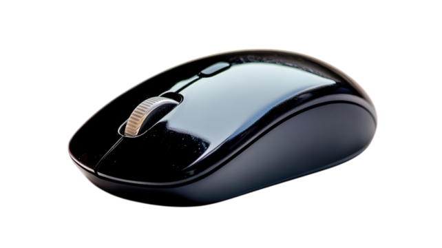 Black computer mouse on a plain background showcasing ergonomic design and functionality