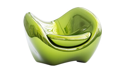 Futuristic chair bathed in bright green light, radiating serene confidence and modern comfort with its unique titanium curves and inviting design