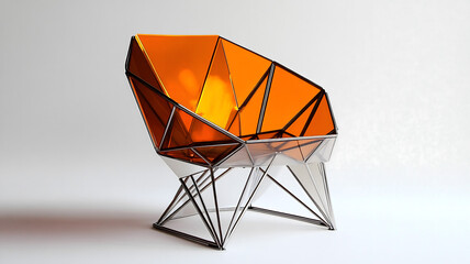 Geometric chair design radiates modern artistry and futuristic charm, captivating piece with titanium build and fiery hue