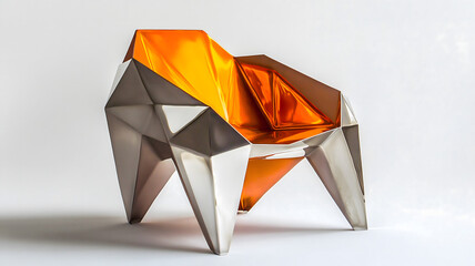 Geometric chair catches light, its titanium form radiating warmth and modern appeal, striking addition to any contemporary space