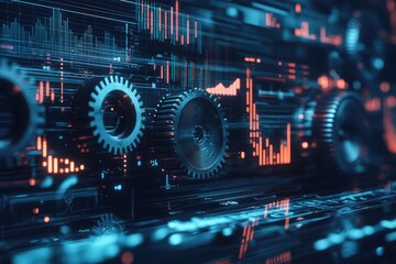 Obraz premium digital gears with holographic charts and graphs floating in the background, dark blue color theme, futuristic style