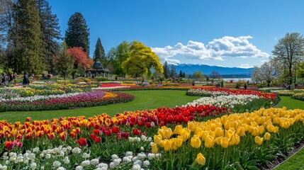 Fototapeta premium Colorful tulip garden in full bloom with scenic mountain backdrop