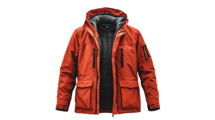 Stylish red jacket designed for outdoor activities with multiple pockets and a hood for added warmth