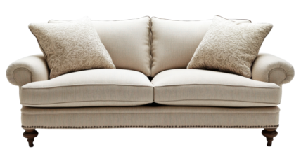 Plush beige sofa with decorative cushions and wooden legs perfect for living room decor ideas